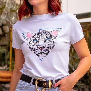 Blusa T-shirt Camiseta Feminina Estampada - Oncinha - Várias Cores e Ilha Mar - Preto