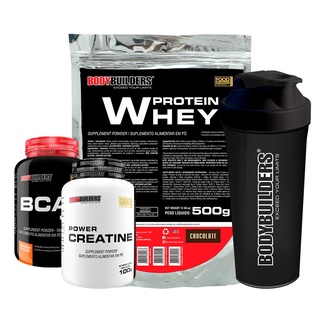 Kit Whey Protein 500g, BCAA 4,5 100g, Power Creatine 100g, Coqueteleira – Bodybuilders (8)
