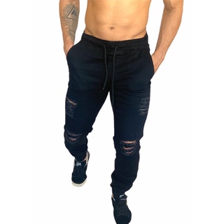 calça masculina Jeans jogger azul escuro rasgado barata (8)
