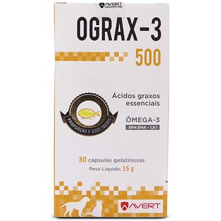 Ograx-3 500 Ômega 3 - Ácidos Graxos essenciais Para Caes e Gatos Avert - caixa c/30 cápsulas
