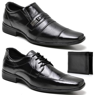 promoção kit 2 pares sapato social masculino de couro legitimo + carteira de couro