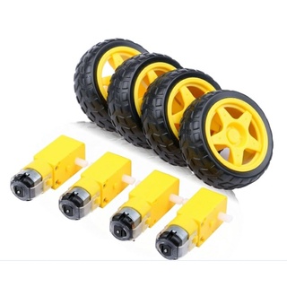 Motor DC e Rodas com pneus 65mm para Motor 3 a 6v DC com caixa de redução e eixo duplo para carro/robô/projetos de robótica educacional diy ou Arduino