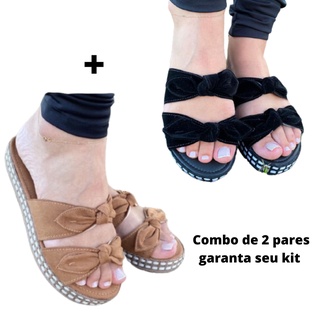 Kit Com 2 Pares De Sandálias Anabela Feminina De Dois Laços Confortável E Macia