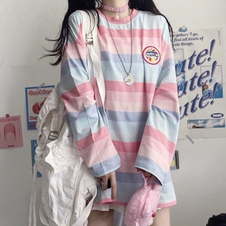 Puu Camiseta Listrada De Comprimento Médio Siswa Perempuan Kemeja Gaya Harajuku Musim Gugur Korea Longgar Lengan