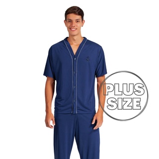 Pijama Masculino Adulto Plus Size Longo Manga Curta Com Calça Aberto Botão