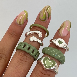6 Pcs Embrace Verde Do Vintage Mãos Anéis Set Para As Mulheres De Metal Pintura Revestimento Criativo INS Estilo Amor Coração Anel De Moda Jóias