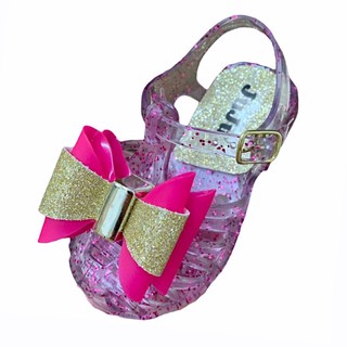 Sandália laço infantil menina gliter pvc alta qualidade juju shoes festa princesa lacinho bebê fechada com brinde