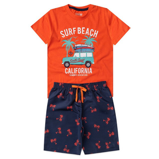 Conjunto Infantil Azul e Laranja Surf Beach California - roupa infantil menino verão camiseta e bermuda