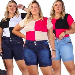 Bermuda Plus Size Meia Coxa Jeans Feminina Tamanho Maior Lycra, OFERTA promoção melhor preço.