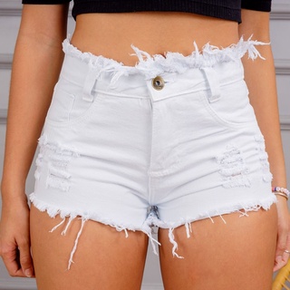 Bermuda Short Jeans Feminino Cintura Alta Hot Pant Cós Alto Branco