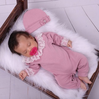 macacão para bebe recém nascido com touca feminino detalhe renda malha de algodão para maternidade