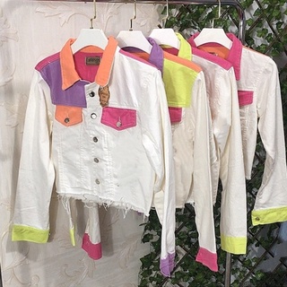Jaqueta jeans Patchwork/Colorida Moda Feminina branco com colorida