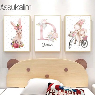 Quadro decorativo delicado coelhos 3 peças 20x30 para quarto infantil com nome personalizado