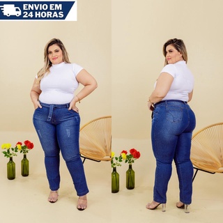 Calça Jeans Cós Alto Feminina Plus Size Skinny Lycra