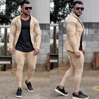 Conjunto Blazer Bege Bengaline Masculino Calça e Blazer com Elastano Sem Botão Terninho Esporte Fino