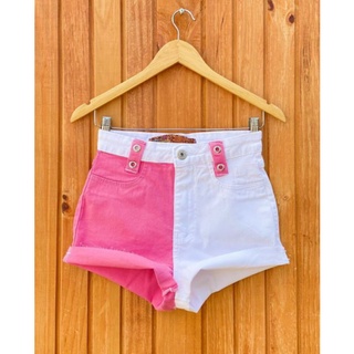 Short Jeans Feminino Bicolor Duas Cores Duo Colorido Cintura Alta Hot Pants Shorts Lançamento Tendência Moda Verão (1)