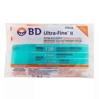 BD ultrafine Seringa Insulina 100ui Agulha curta 8mmx0,3mm - 10 unidades descartável