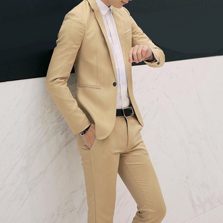 Yar_2Pcs Office Business Men Solid Color Lapel Long Sleeve Slim Blazer Pants Suit (4)