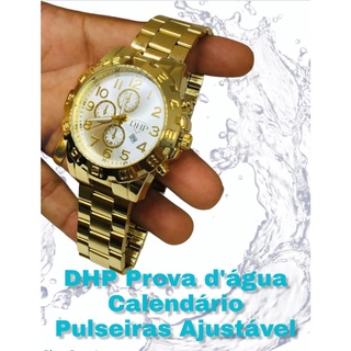 Relógio Analógico Dhp Masculino Prova D'água em Aço Dourado C/ calendario
