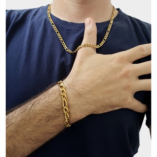 conjunto corrente masculina corrente + pulseira Dourada em aço grumet 3x1 60cm (1)