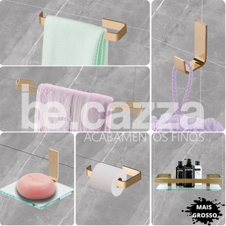 Kit de Acessórios para Banheiro Quadrado Dourado 6 Peças com Porta Shampoo Reto Vidro Incolor Luxo - Não Descasca