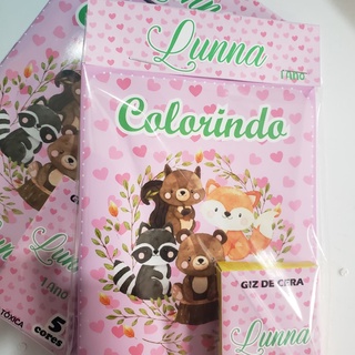 Kit livrinho/ revistinha de colorir + giz de cera ( Bosque / floresta menina rosa)