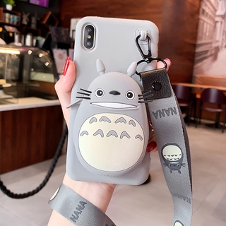 Totoro capa com pulseira de gato, case para carteira, para iphone 11, pro, x, xr, xs, max, 8, pluse, 7, 6, fofo, gato, esfrega capa fosca para celular, tampa traseira de bolsa de moedas (7)