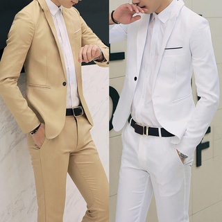 Yar_2Pcs Office Business Men Solid Color Lapel Long Sleeve Slim Blazer Pants Suit (3)