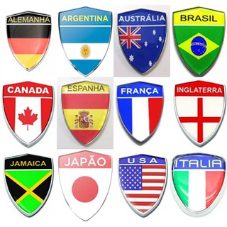 1 Emblema Escudo 3D Com Borda Cromada Alemanha Brasil Argentina Austrália Canada Espanha França Inglaterra Italia Jamaica Japão Usa
