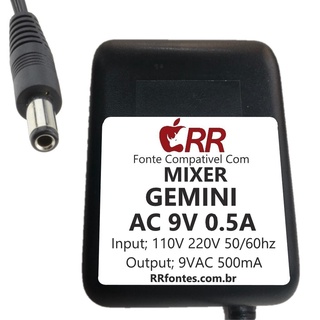 Fonte AC 9V 0.5A Para Preamp Stereo DJ Mixer Gemini MX-01 e MX-02