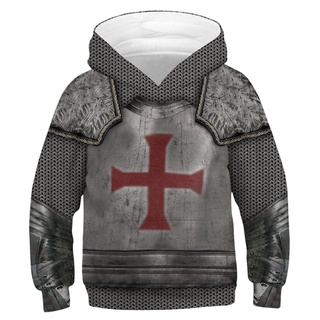 Moletom Infantil Com Capuz E Estampa 3D Cavaleiro Templar/Cruz/Medieval/Streetwear