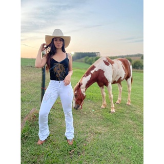 Calça jeans country bordada em pedras cavalo e detalhes love horse texas ranch jeans