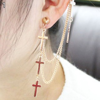Brinco Com Tarraxa Cruz Gótico Com Corrente Longa / Brinco Pendurado | Gothic Cross Long Tassel Chain Ear Cuff Stud Clip Earrings Jewelry (8)