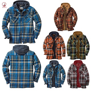 GFUKO Quilted Thick Plaid Long-Sleeved Loose Jacket Men's Hoodie Quilted Lined Flannel Hooded Full-Zip Shirt Jacket