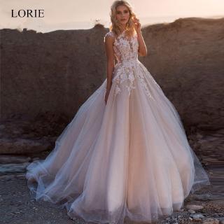 2020 Scoop Lace Applique A Line Wedding Dresses Sleeveless Tulle Boho Bridal Gown vestido de noiva Long Train trouwkleed (1)