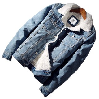 ◈Jaqueta masculina jeans de inverno plus veludo, jaqueta acolchoada imitação de lã de carneiro casaco de algodão