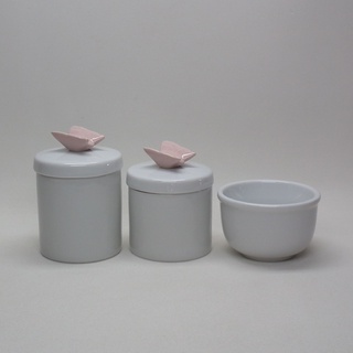 Kit Higiene Bebe Porcelana Branca 3 Peças Com Puxador Borboleta Rose