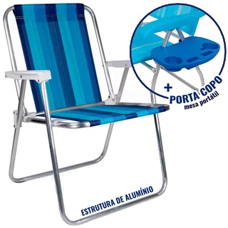 Cadeira de Praia Alta em Alumínio Cores Variadas 2101 + Mesa Portátil Porta Copos MOR (1)