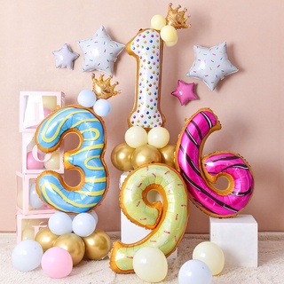 Balão de filme de alumínio de 32 polegadas doce número desenho animado donut sorvete número balão festa de aniversário decoração de casamento