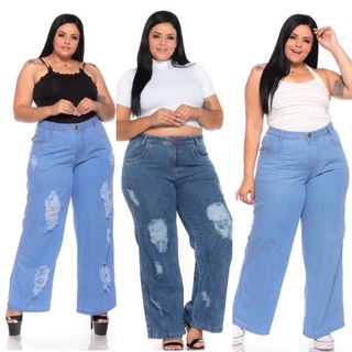 calça feminina Wide leg pantalona jeans moda blogueiras - plus size