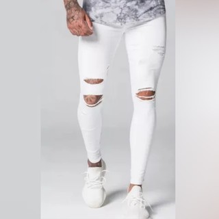 calça jeans super skinny branca masculina rasgada destroyed bem justa