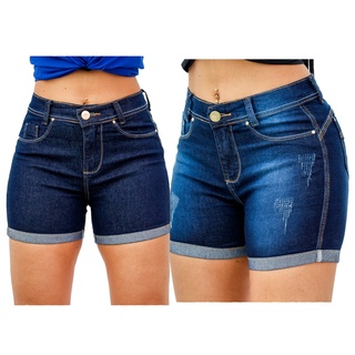 Kit 2 Shorts Feminino Jeans Cintura Alta Com Lycra