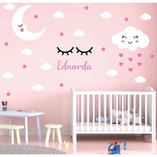Kit Adesivos de parede decorativo em vinil nome personalizado + lua + nuvens + estrelas bebê • 60unds