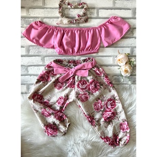 conjunto infantil calça + blusa + tiara de brinde moda verão tiktok