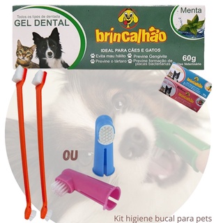 Kit higiene bucal Pet: 2 dedeiras ou 2 escovas de dentes para cães e gatos + gel dental para pets