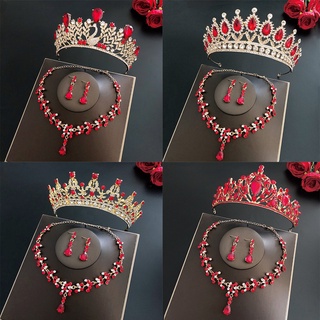 Conjunto festivo de noiva vermelha com três peças colar brincos cocar coroa acessórios de casamento coroa de aniversário