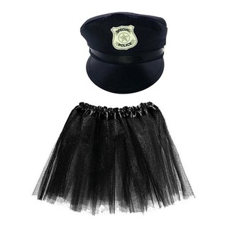 Fantasia Feminina Policial Carnaval Chapéu Quepe + Saia Preta Tule