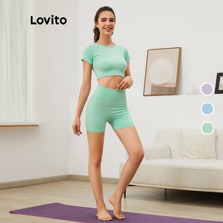 Lovito Conjunto Esportivo Cropped Fitness Blusa de Mangas Curtas + Shorts L03015 (Verde/Azul/Roxo)