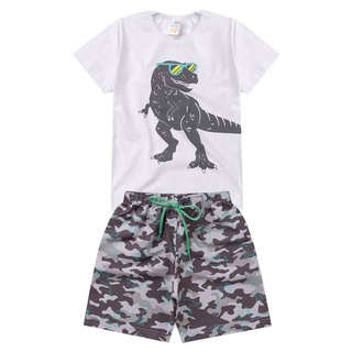 Conjunto Infantil Branco Dinossauro de Óculos - roupa infantil menino verão camiseta e bermuda