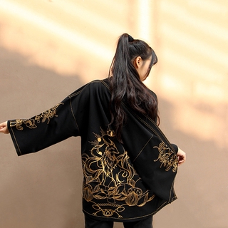 Japanese Style Traditional Clothe Men Women Print Black Streetwear Fashion Kimono Haori Warrior Retro Harajuku Cardigan
